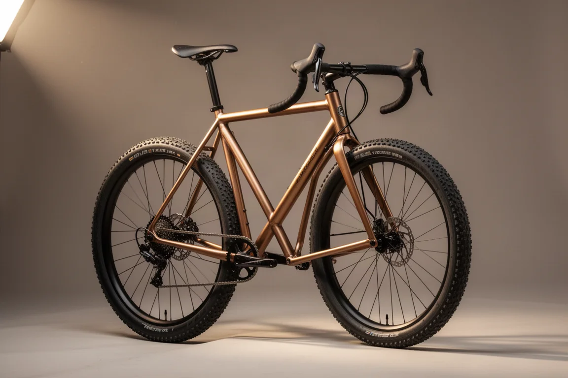 Sepiafarbenes handgefertigtes Aluminium-Gravelbike mit breiten Reifen und ausgestelltem Drop-Lenker