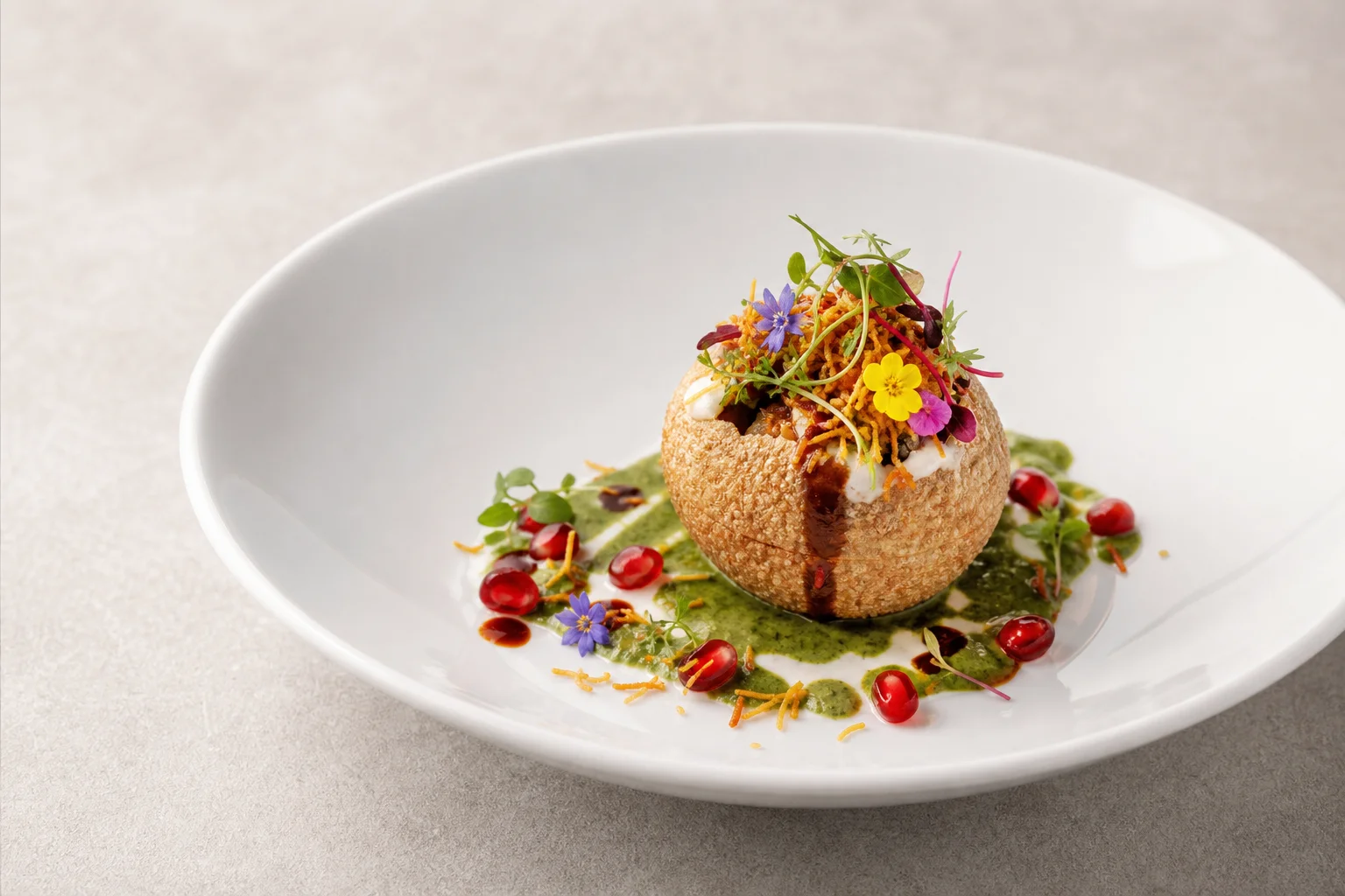 Table de haute gastronomie avec plusieurs plats servis et un verre de vin