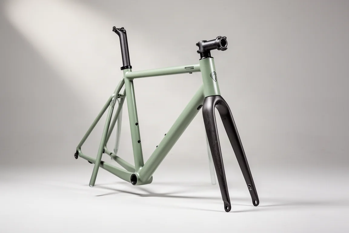 Alloy gravel bike with carbon fork and chunky tyres in front of vintage guitar amplifiers
