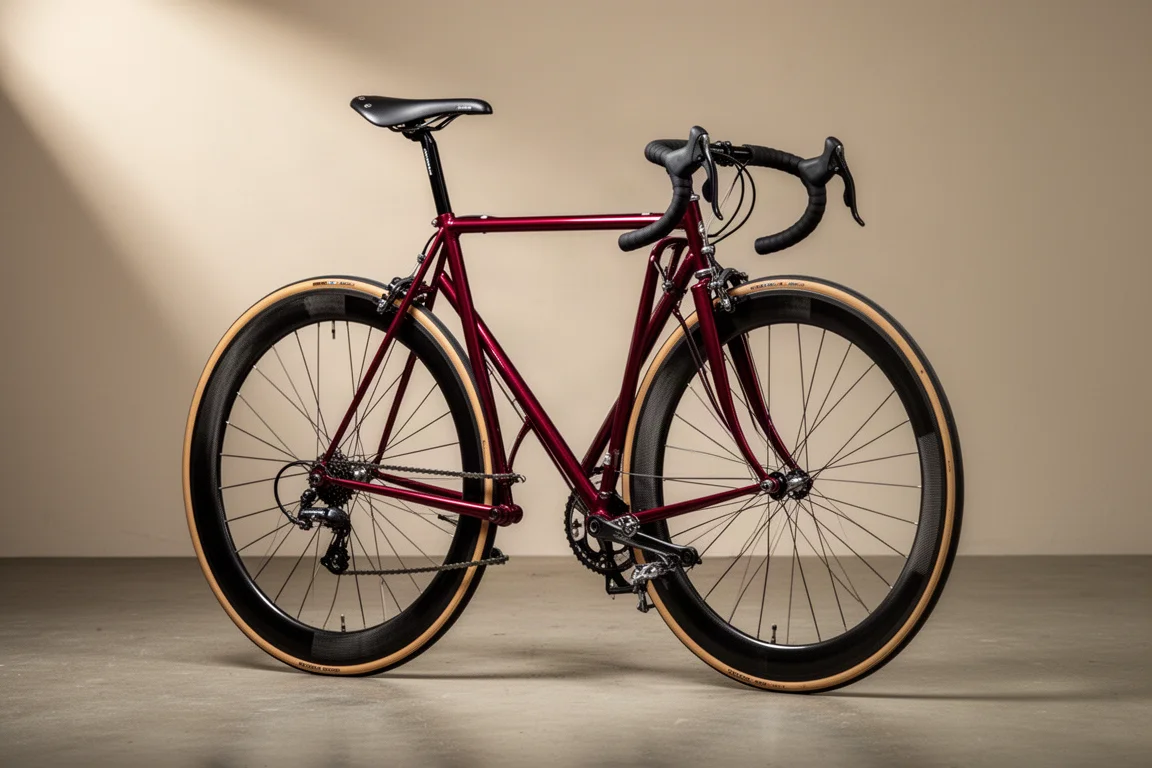 Stalen racefiets uit 1992 met hoogprofiel carbonwielen voor een neutrale studioachtergrond