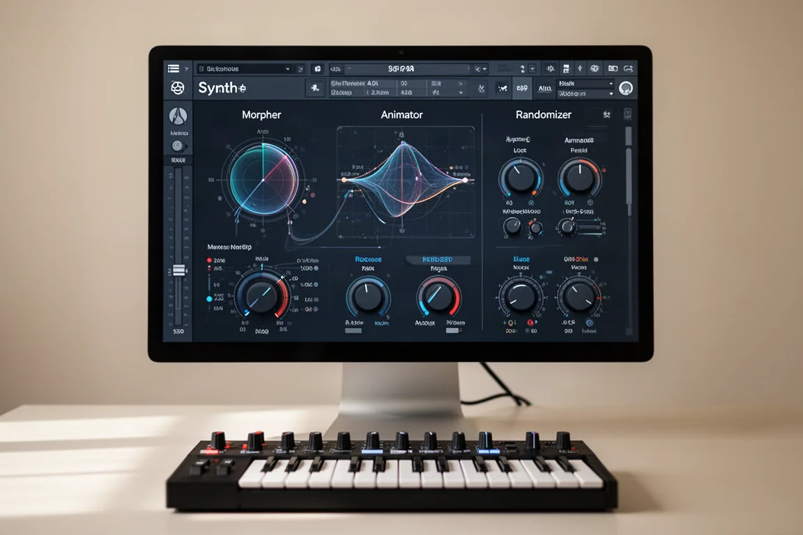 現代音樂製作工作室桌面,配備 DAW 顯示器、MIDI 鍵盤和錄音室監聽喇叭