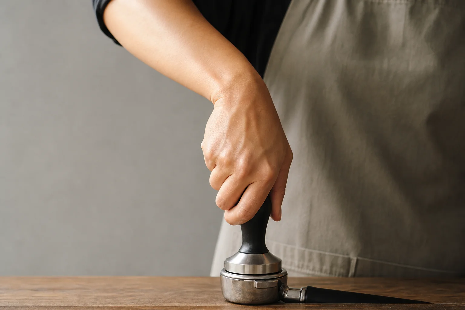 Barista demonstrating proper hand grip on espresso tamper like a tennis racket