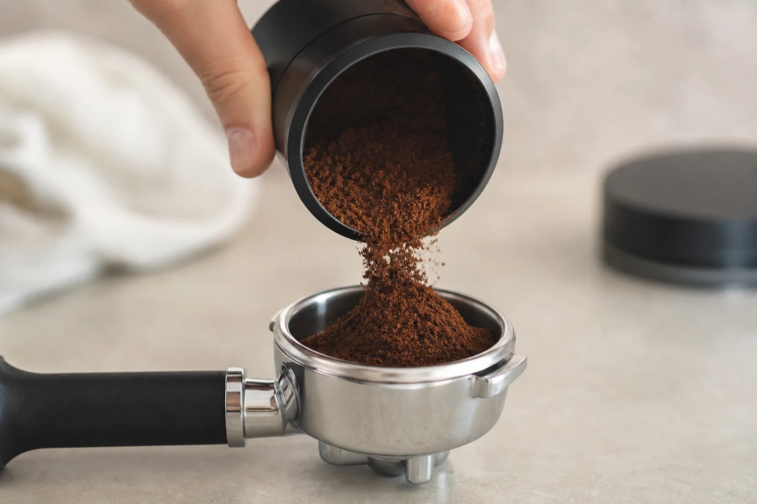Barista using a dosing pot to distribute espresso grounds into portafilter basket