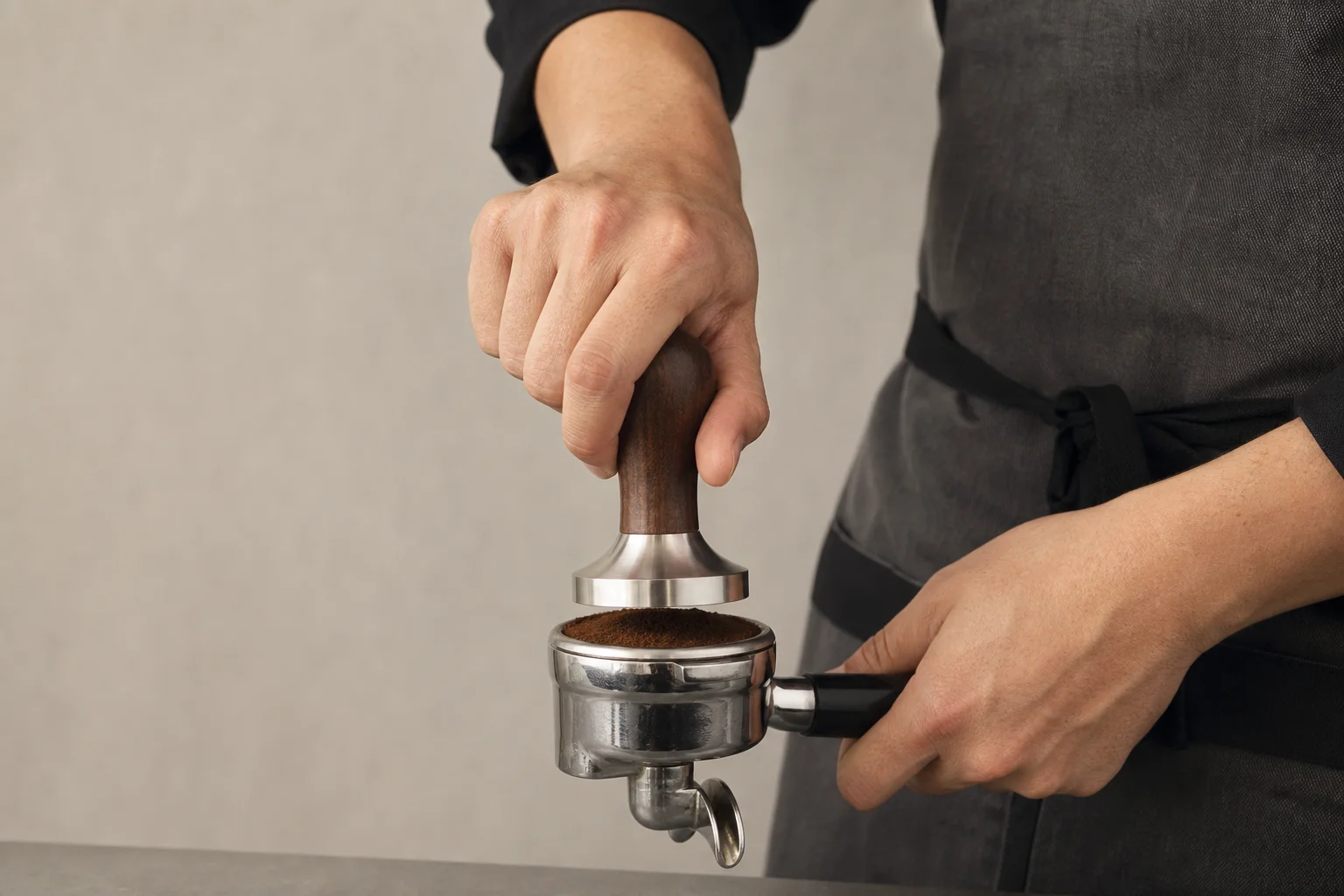 Barista som demonstrerar korrekt teknik för espressotampering med handgrepp och portafilter
