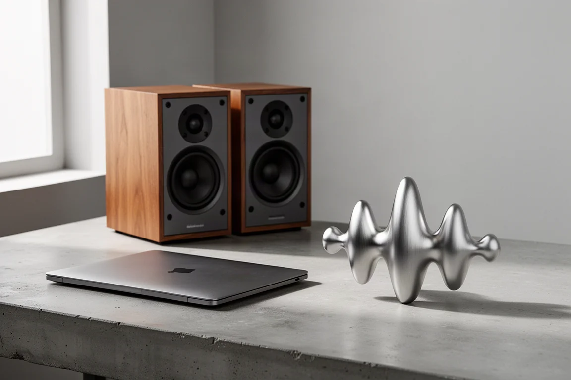 Minimal studio desk with monitor speakers and an abstract aluminium waveform sculpture