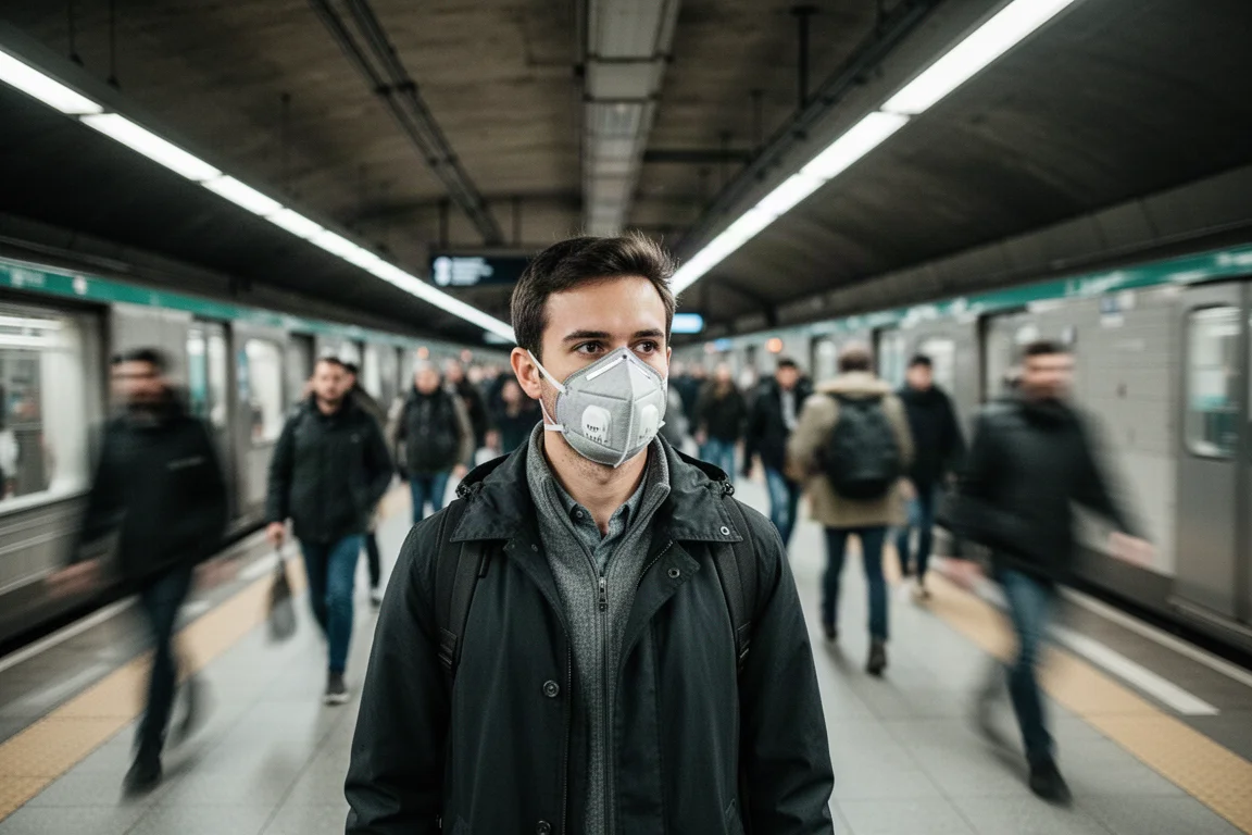 Passageiro usando máscara de proteção em uma plataforma movimentada de metrô