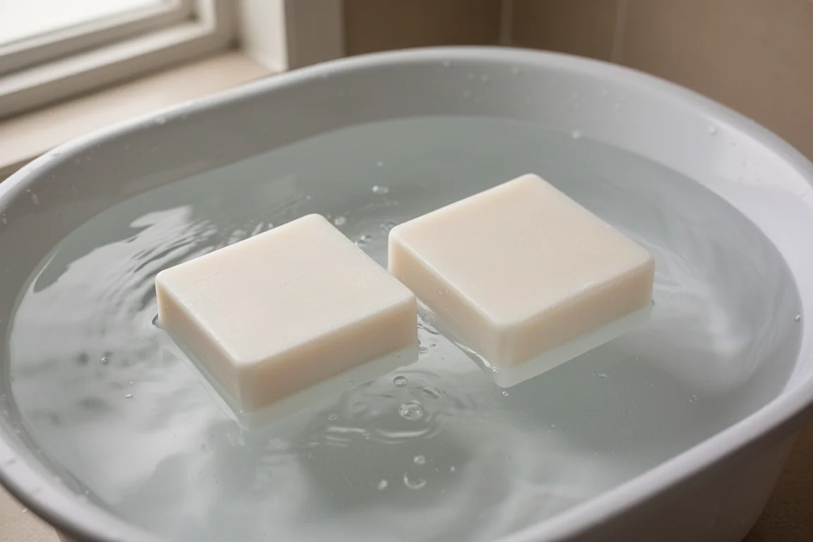 Barras de jabón mojadas remojándose en un recipiente con agua para simular una ducha larga