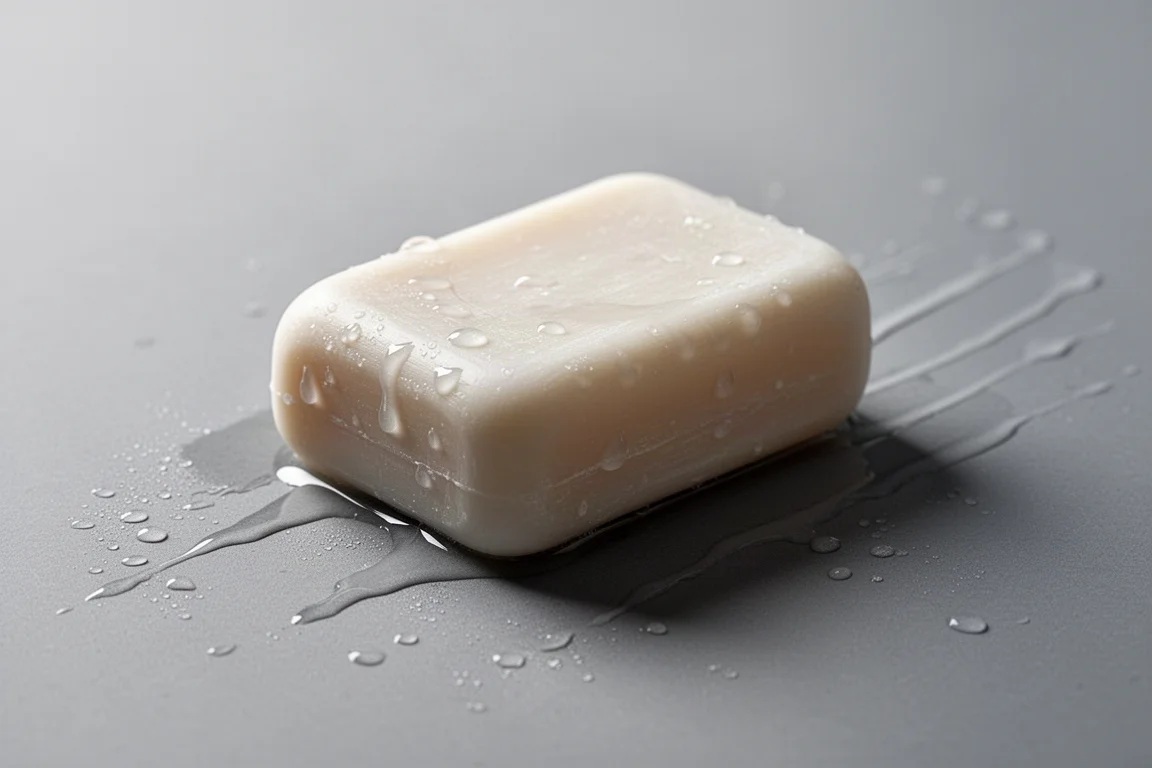 Una barra de jabón empapada de agua extraída de una bolsa de plástico mostrando residuos