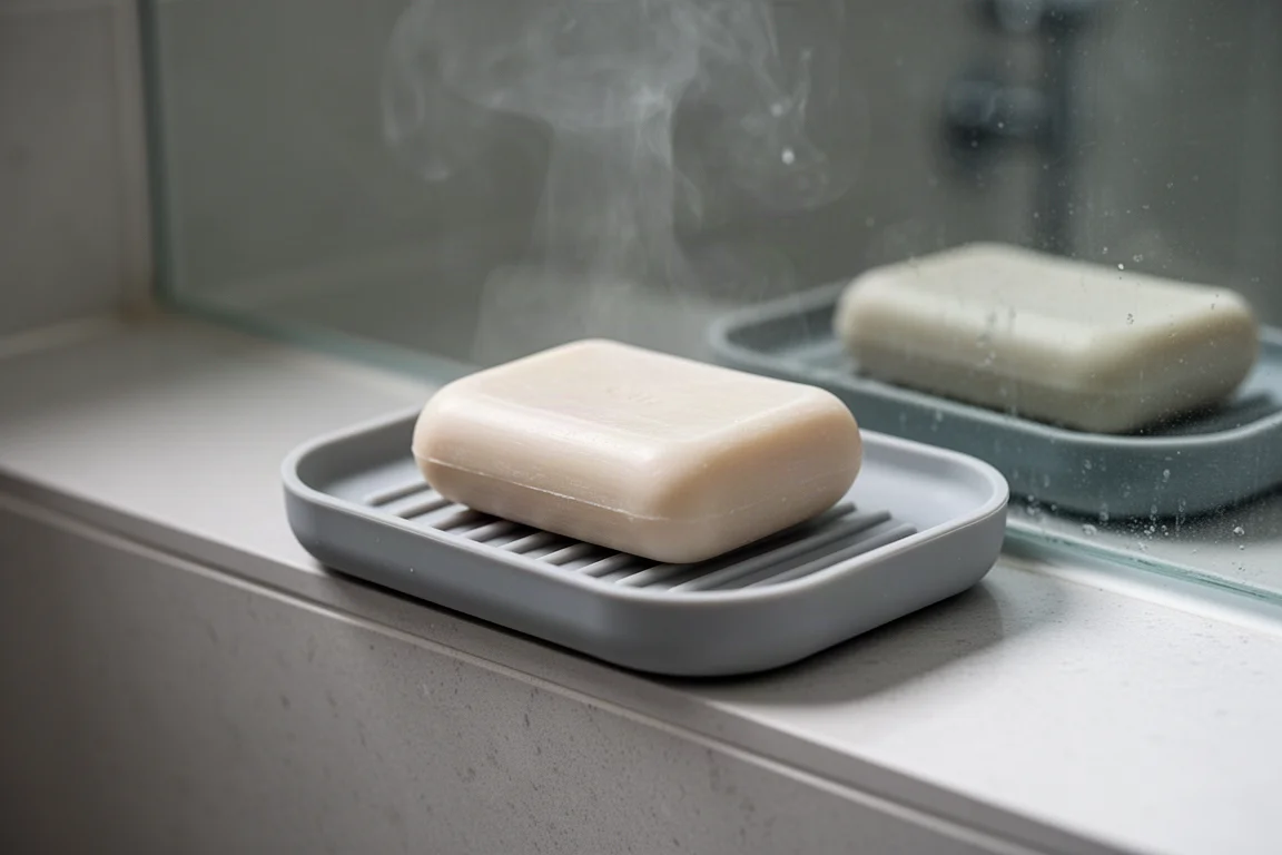 Una simple jabonera con drenaje sosteniendo una barra de jabón en una ducha compartida