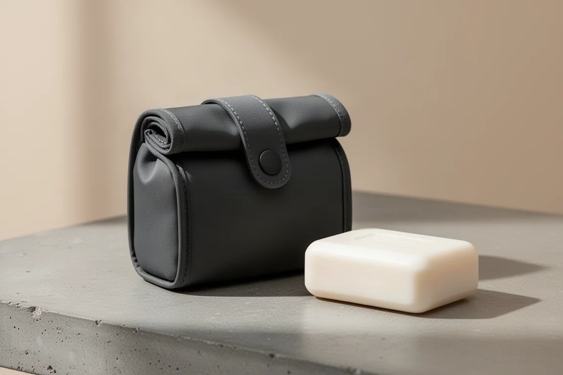 Matador Flat Pack Soap Case mit einem Stück Seife auf einer Betonoberfläche