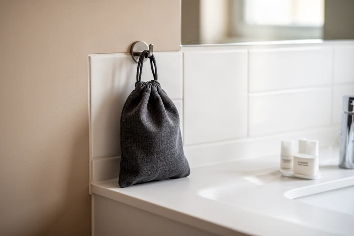 Minimalistisches Reisbadzimmer mit einer kleinen Tasche, die an einem Haken hängt