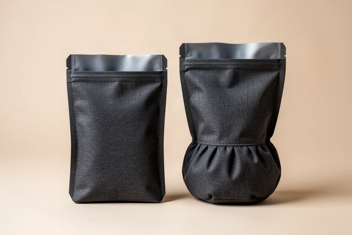 Zwei Stofftaschen nebeneinander mit geöffneten Oberseiten, die das Fassungsvermögen zeigen