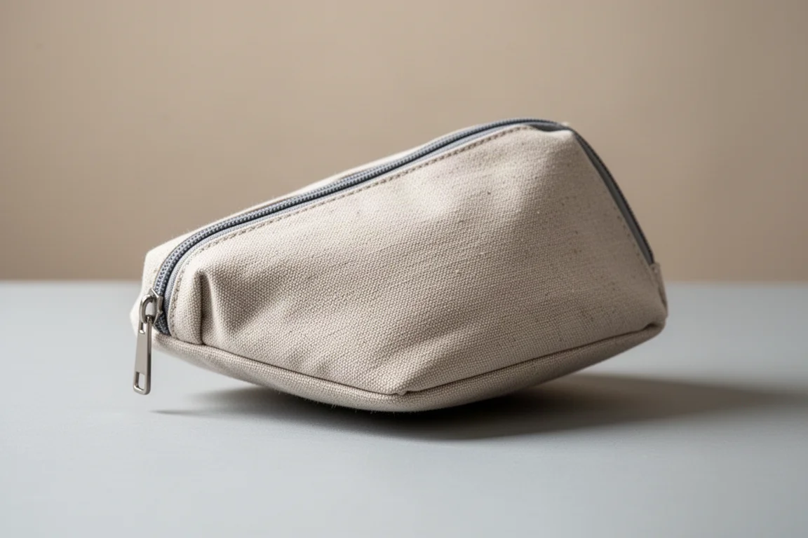 Tasche mit Reißverschluss kippt leicht auf einer flachen Oberfläche um