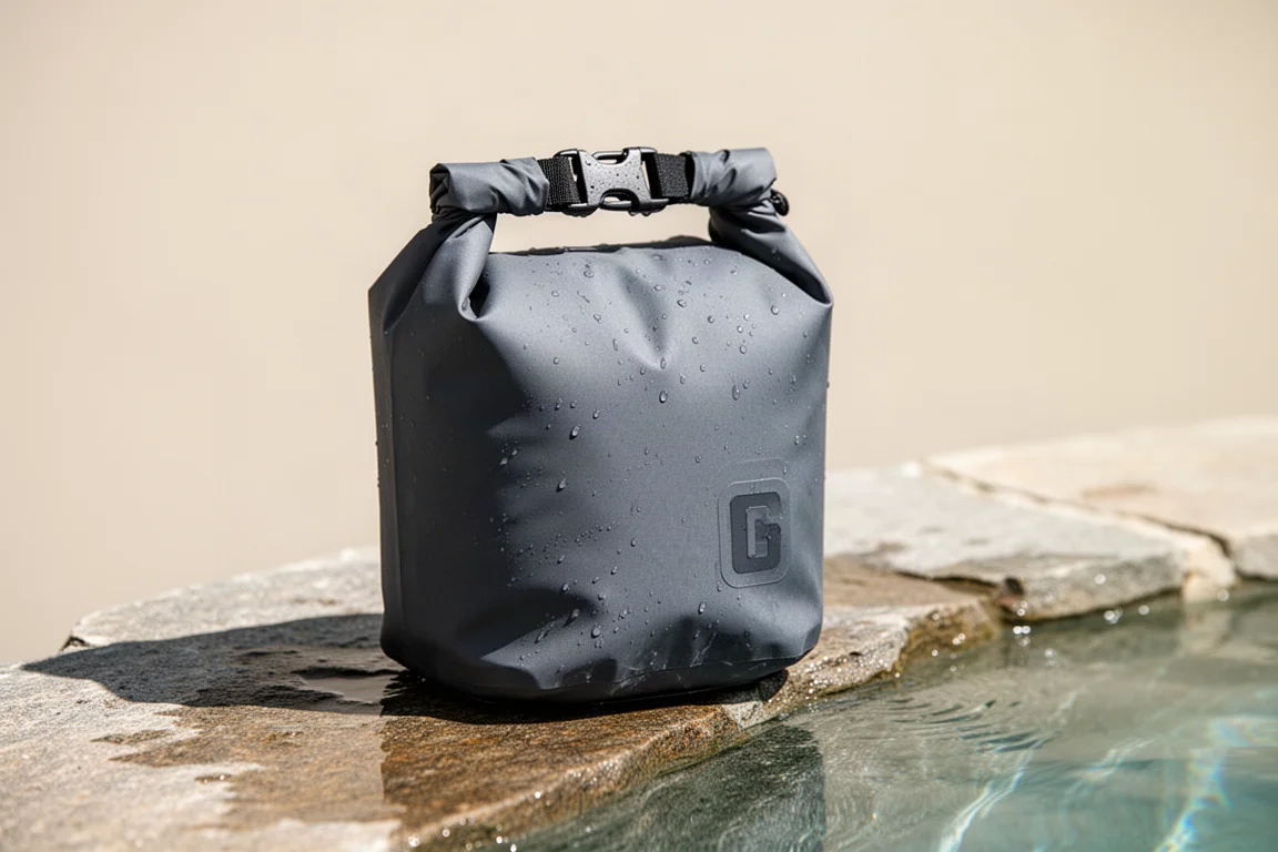 Verschlossener Dry Bag mit Rollverschluss auf einer nassen Poolkante