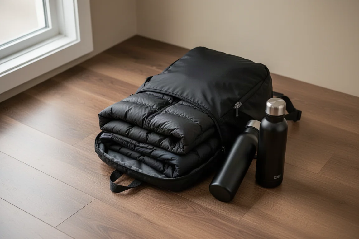 Ein packbarer Tagesrucksack für eine Tageswanderung gepackt mit Jacke und Wasserflasche