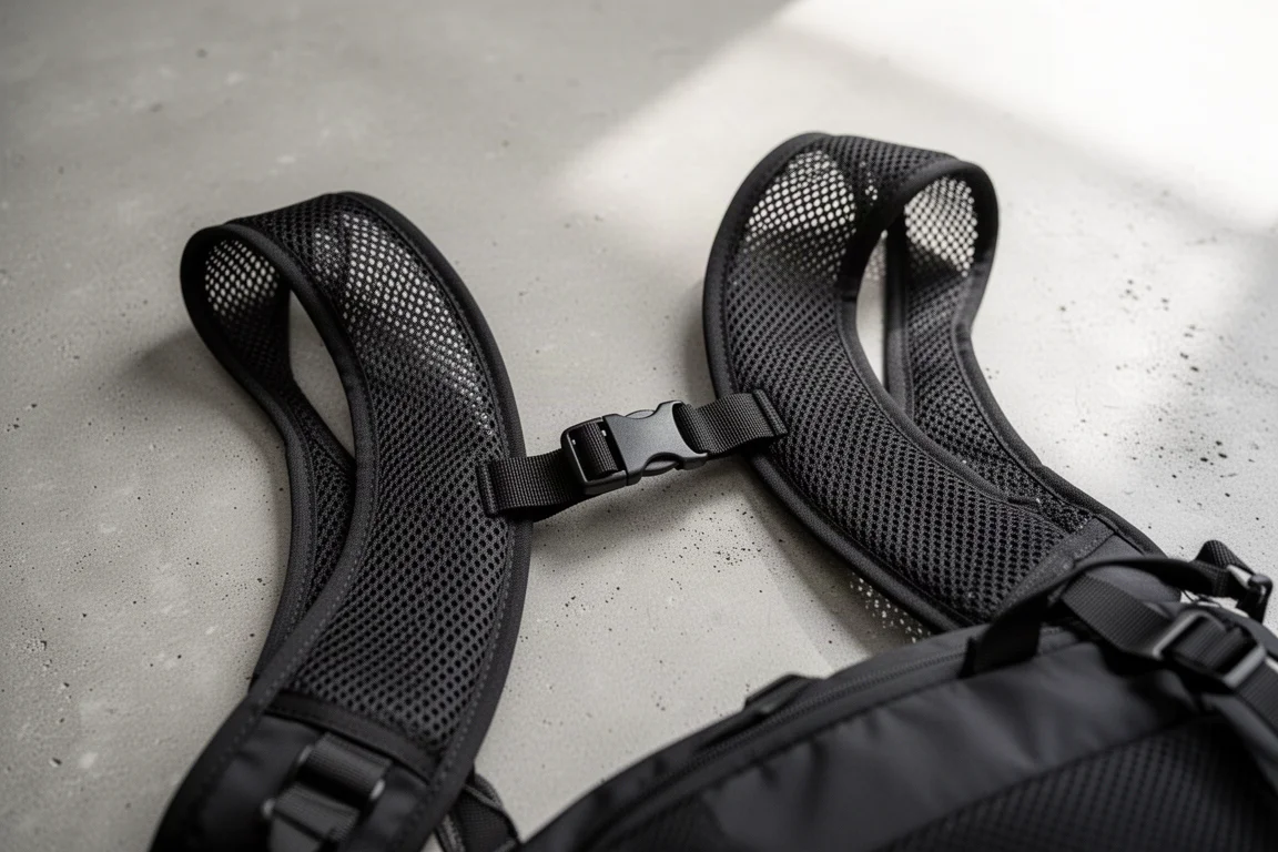 Netzschulerträgen eines Tagesrucksacks auf neutraler Unterlage zeigen Belüftung