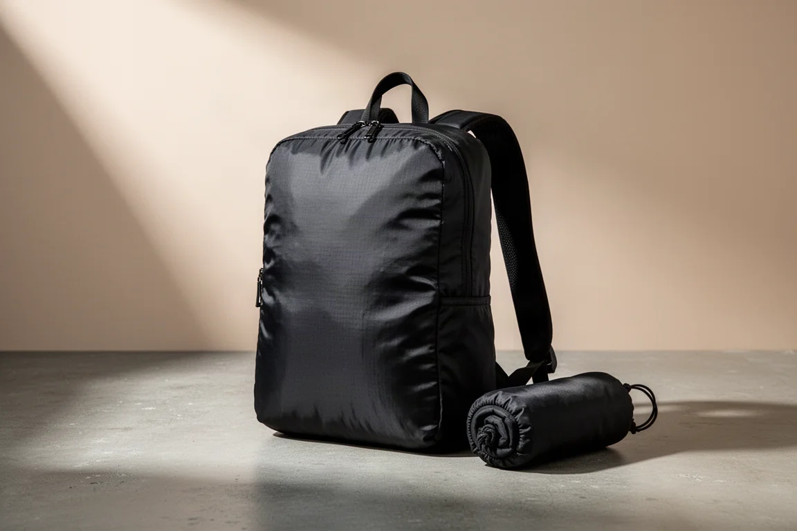 Matte black packable daypack standing on concrete with its small storage pouch