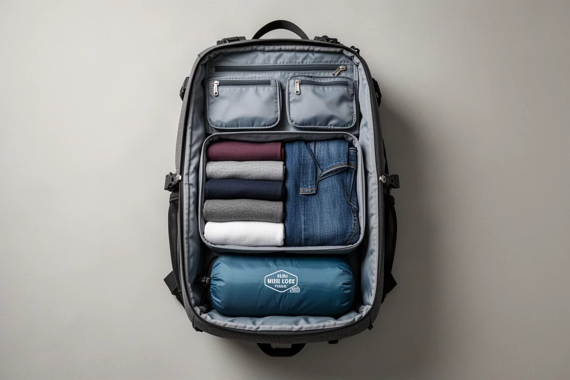 Zaino da viaggio aperto a conchiglia completamente pieno di cubi organizer e vestiti