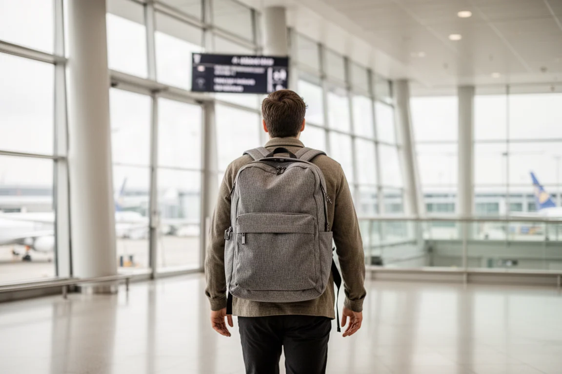 Viajero caminando por la terminal de un aeropuerto con una mochila de viaje