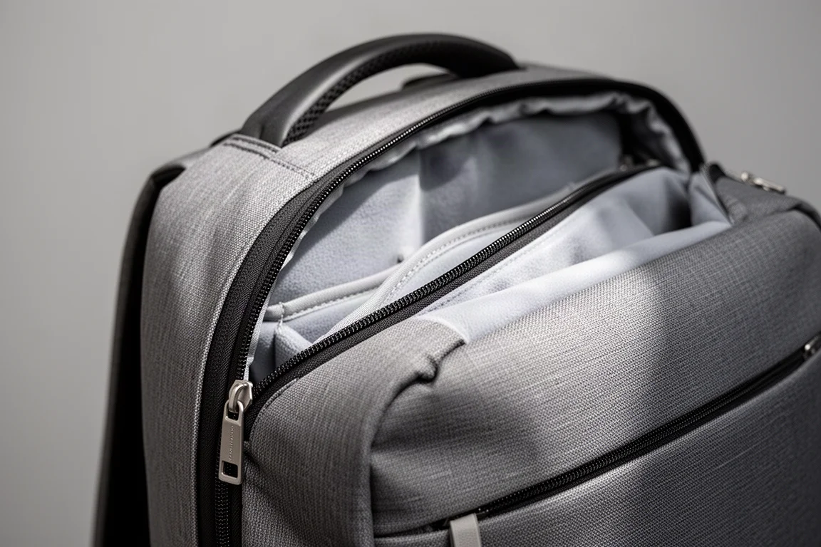 Cremallera de acceso al bolsillo para portátil en el lateral de una mochila de viaje