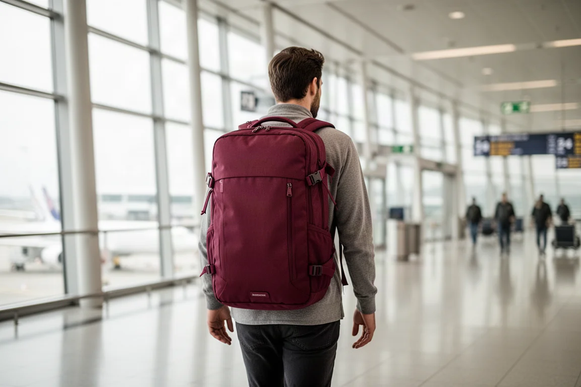 Reisender trägt einen kompakten 35L-Rucksack durch ein Flughafenterminal
