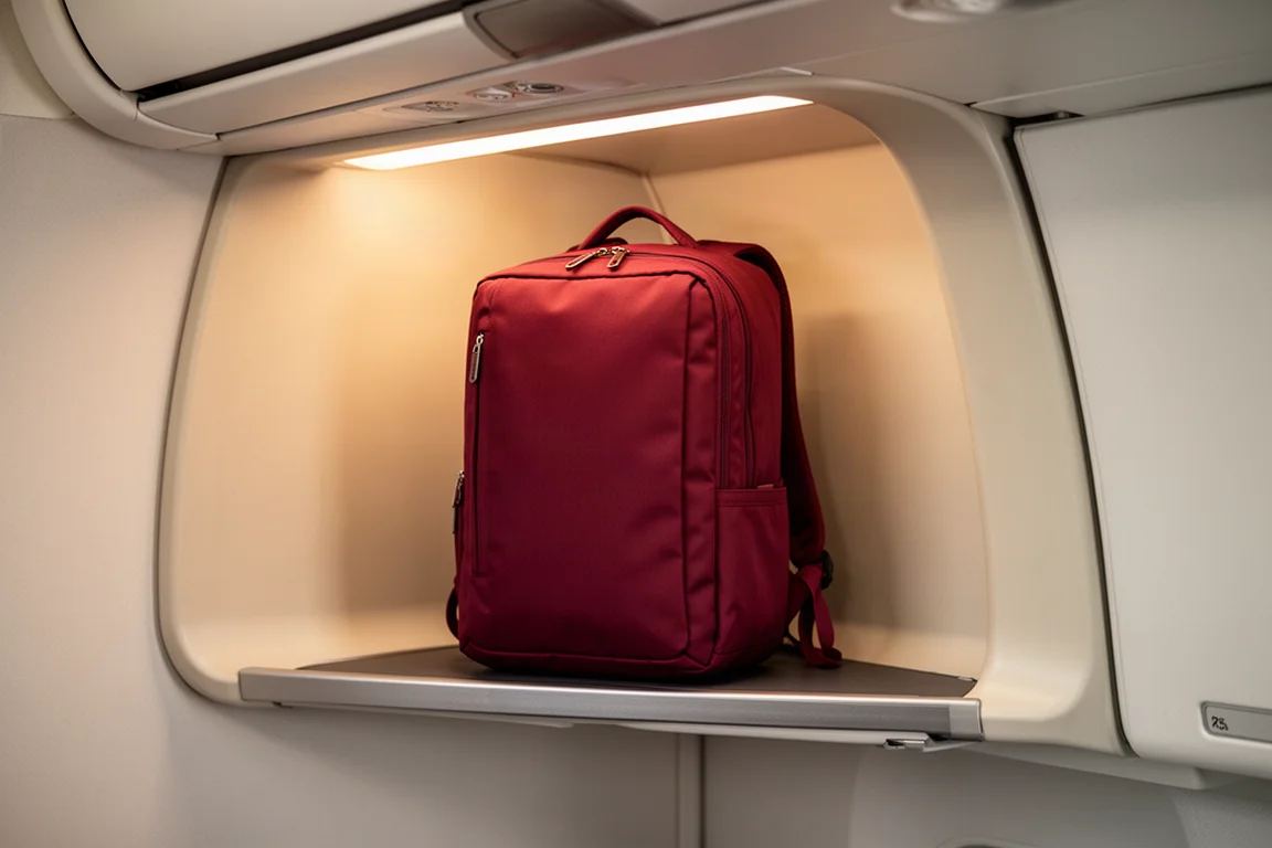 Rucksack als Handgepäck in einem Kabellenablagen-Fach eines Flugzeugs