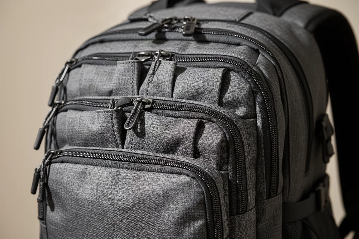 Nahaufnahme der äußeren segmentierten Vordertaschen eines Reisrucksacks mit Stofftrennwänden