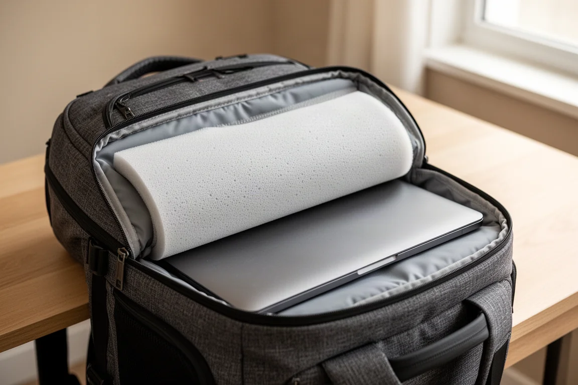 Offenes Laptopfach eines Reisrucksacks mit sichtbarer gepolsterter Hülle