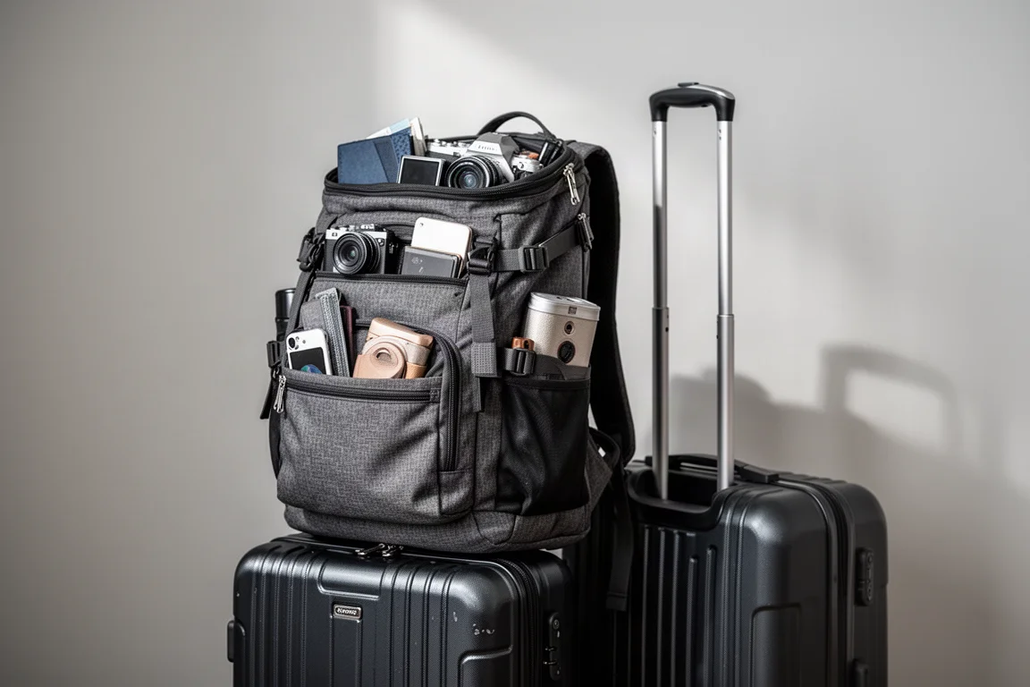 Voll gepackter Reisrucksack mit Ausrüstung, aufrecht neben einem Koffer stehend