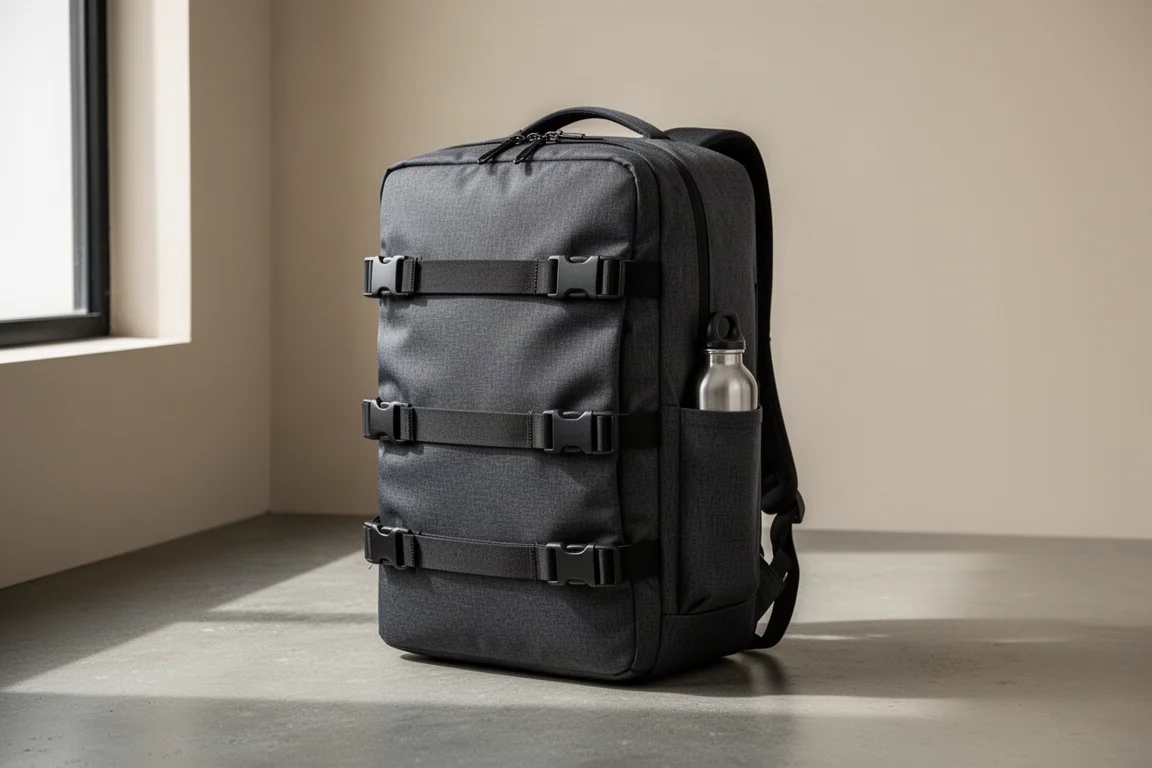 Charcoal minimalist travel backpack standing on a concrete surface