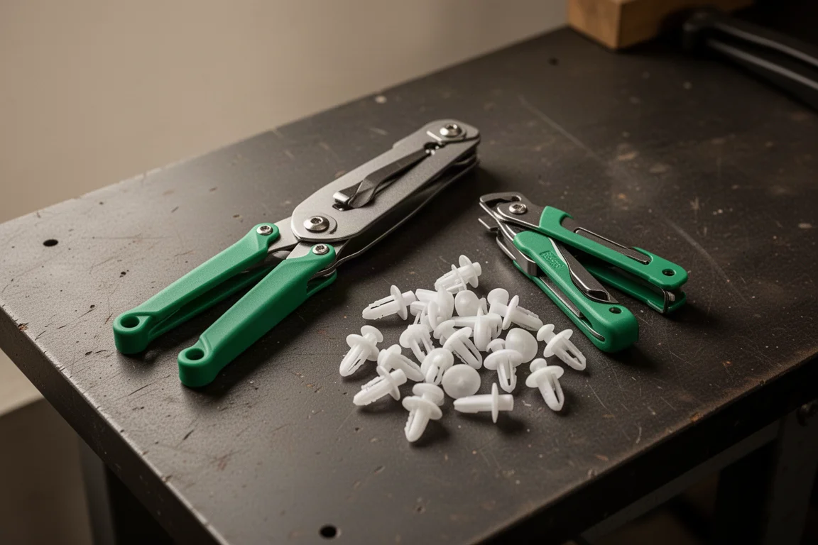 Outil dépose-agrafes pliant ouvert sur un plan de travail à côté d'agrafes de garniture plastique