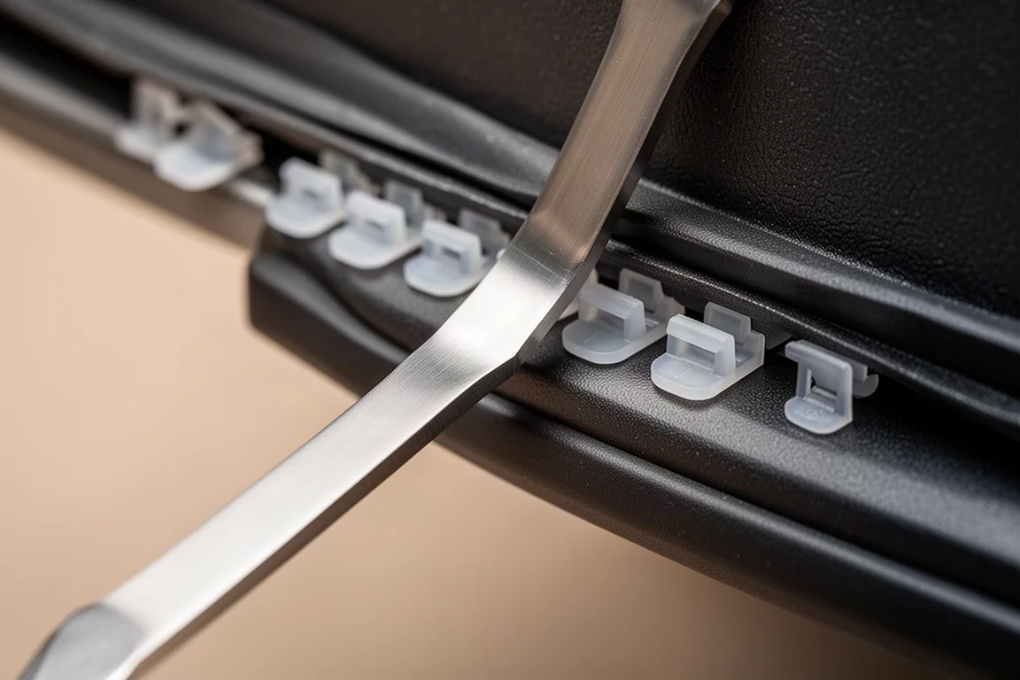 Gros plan sur une pointe en inox glissant sous les agrafes de garniture d'un panneau