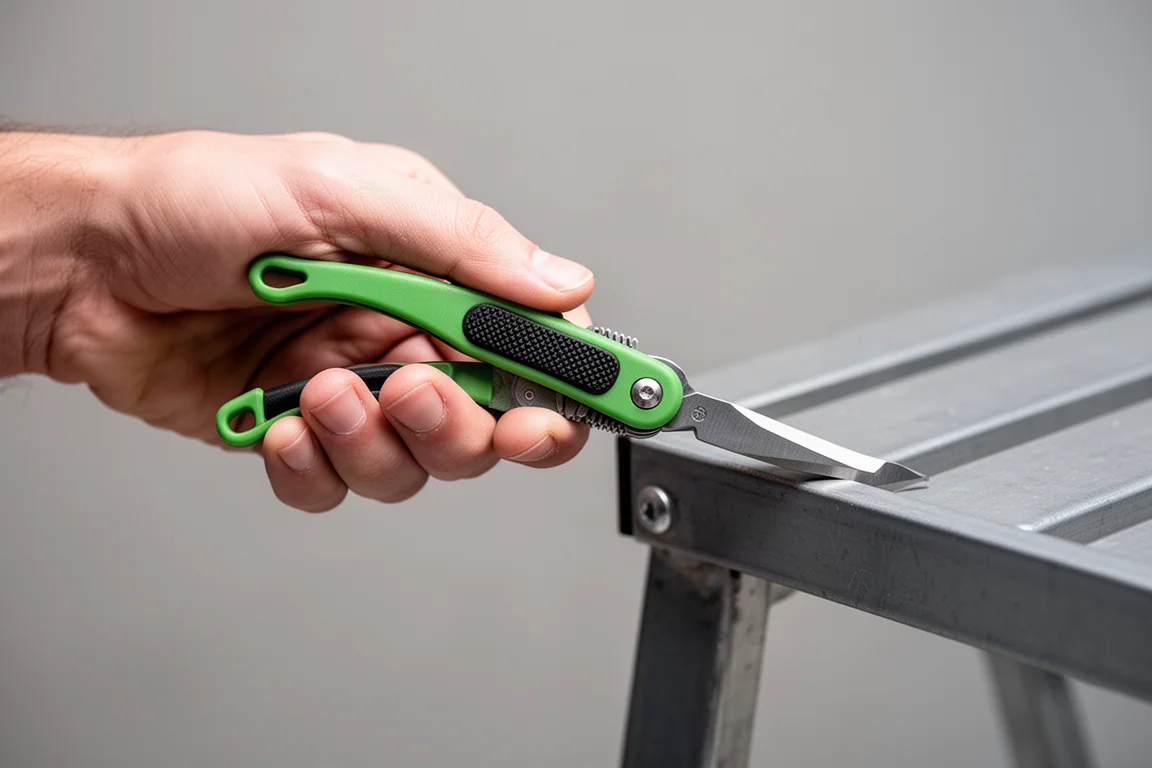 Outil de dépose-agrafes pliant vert tenu d'une main montrant la flexion du manche sous une légère pression de levier