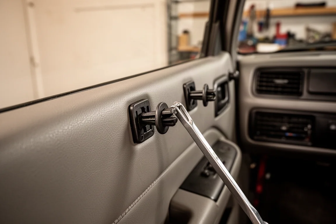Clips plásticos de acabamento interno sendo levantados de um painel de porta de carro
