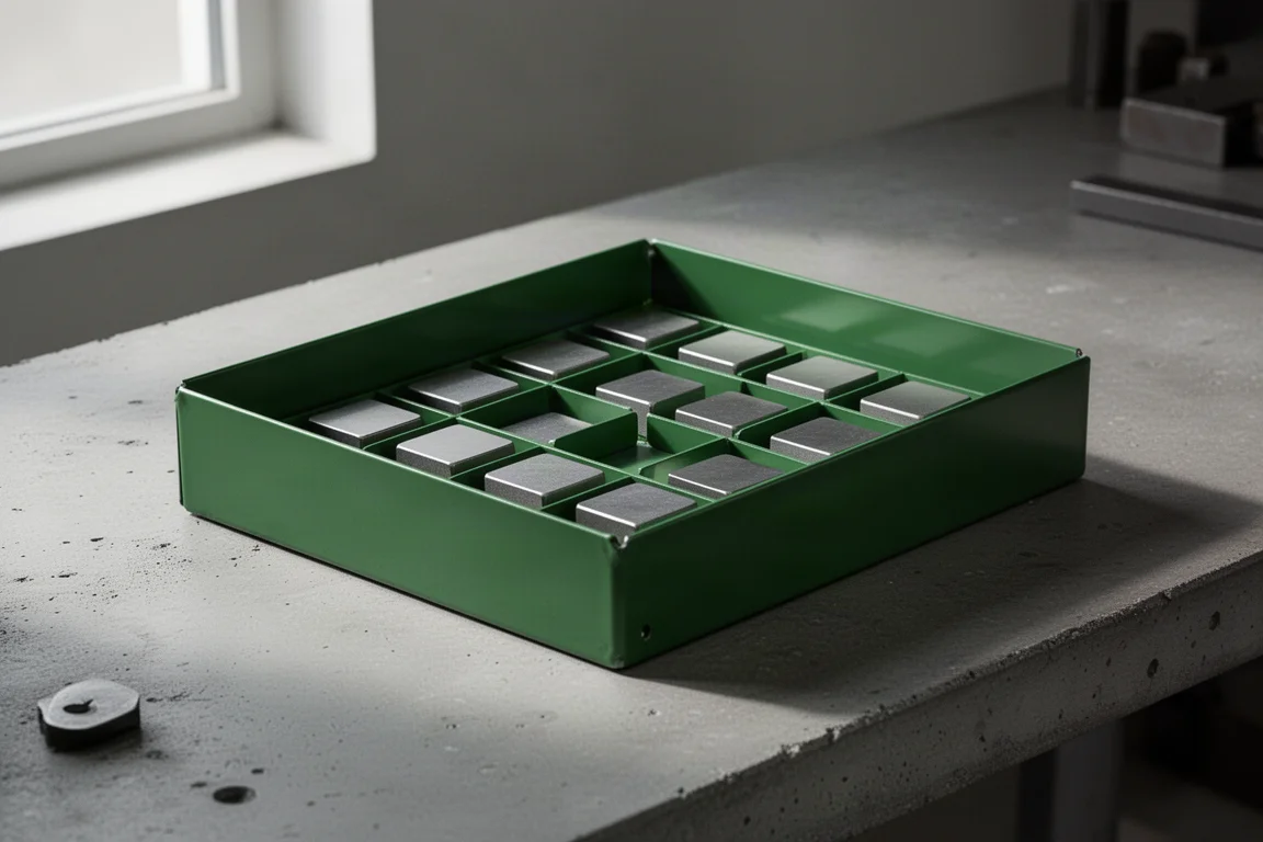 Green modular magnetic parts tray on a workshop bench with square magnet blocks visible