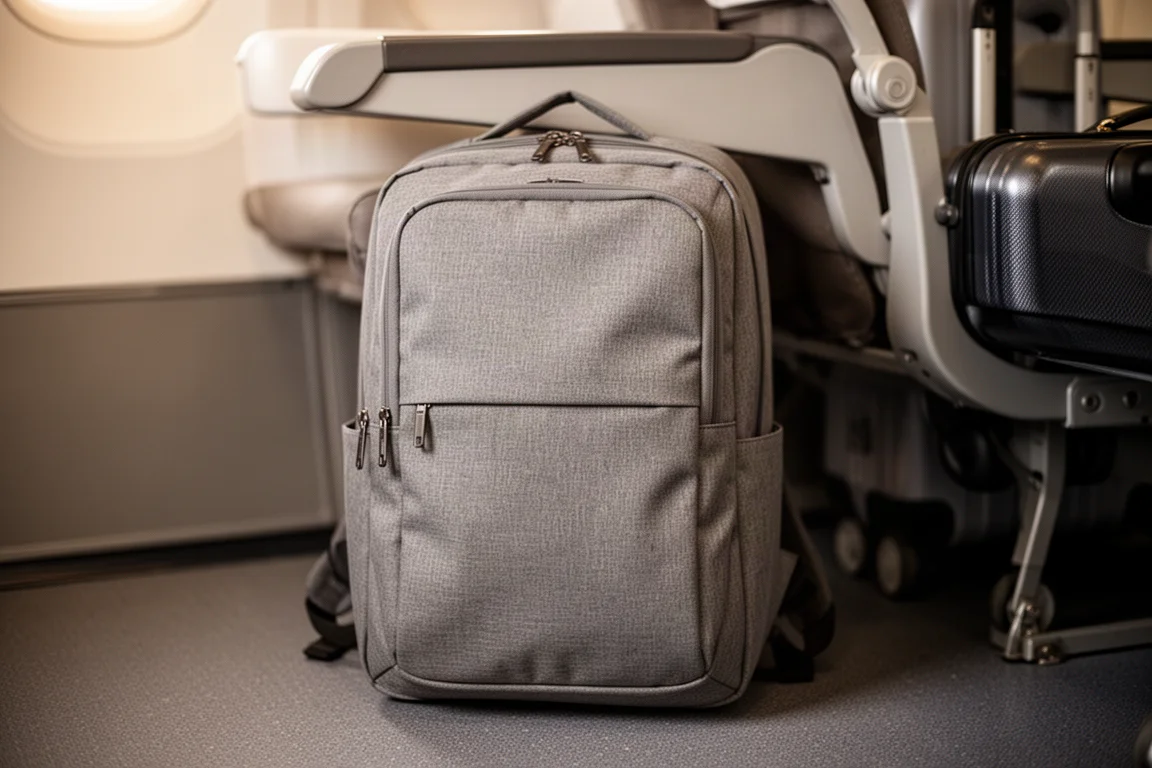 Sac à dos Matein gris posé sur un siège d'aéroport comme article personnel