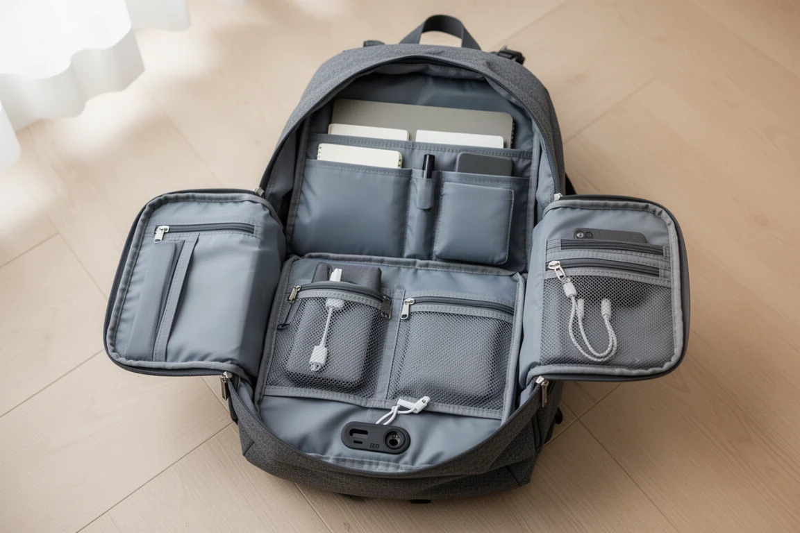 Compartiments du sac à dos ouverts montrant un carnet, des pochettes et des poches en filet