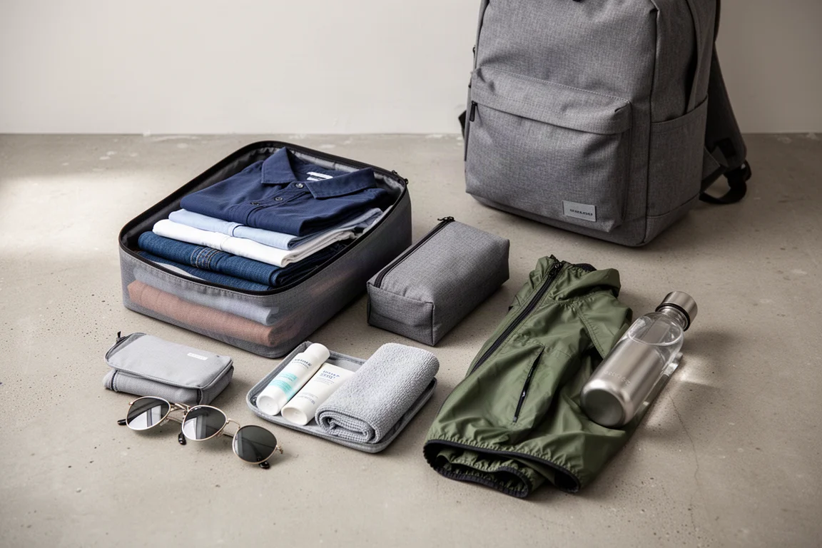 Sac à dos entièrement rempli avec cubes de vêtements, gourde et trousse de toilette disposés