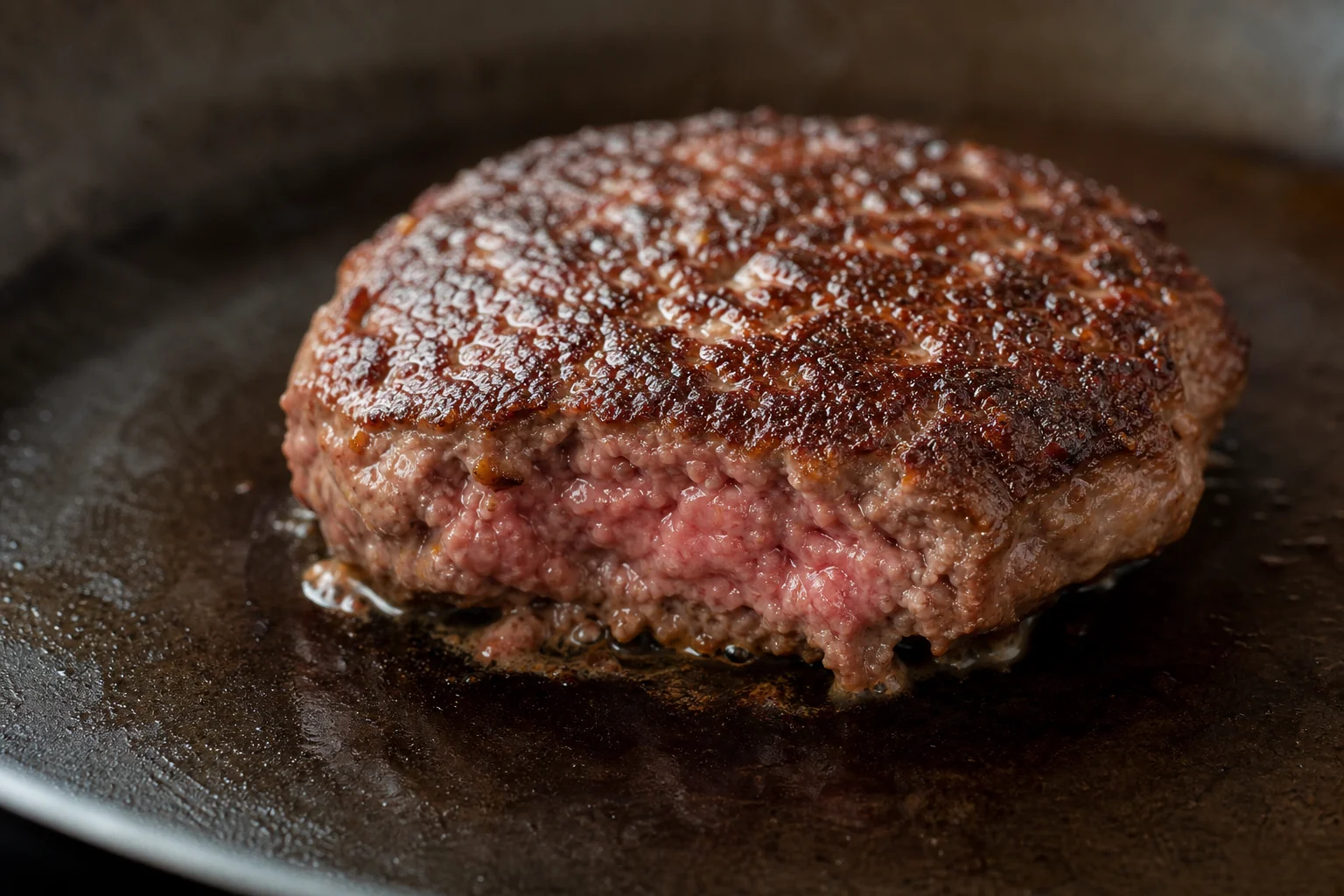 Seared burger patty with golden-brown crust in carbon steel pan