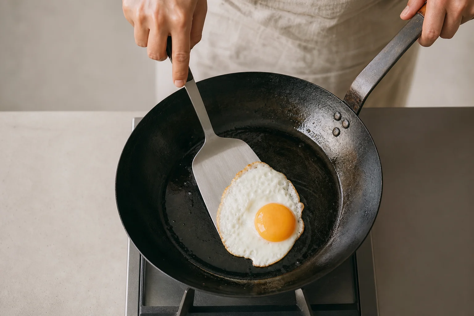Hands flipping an egg in a seasoned carbon steel pan with metal spatula