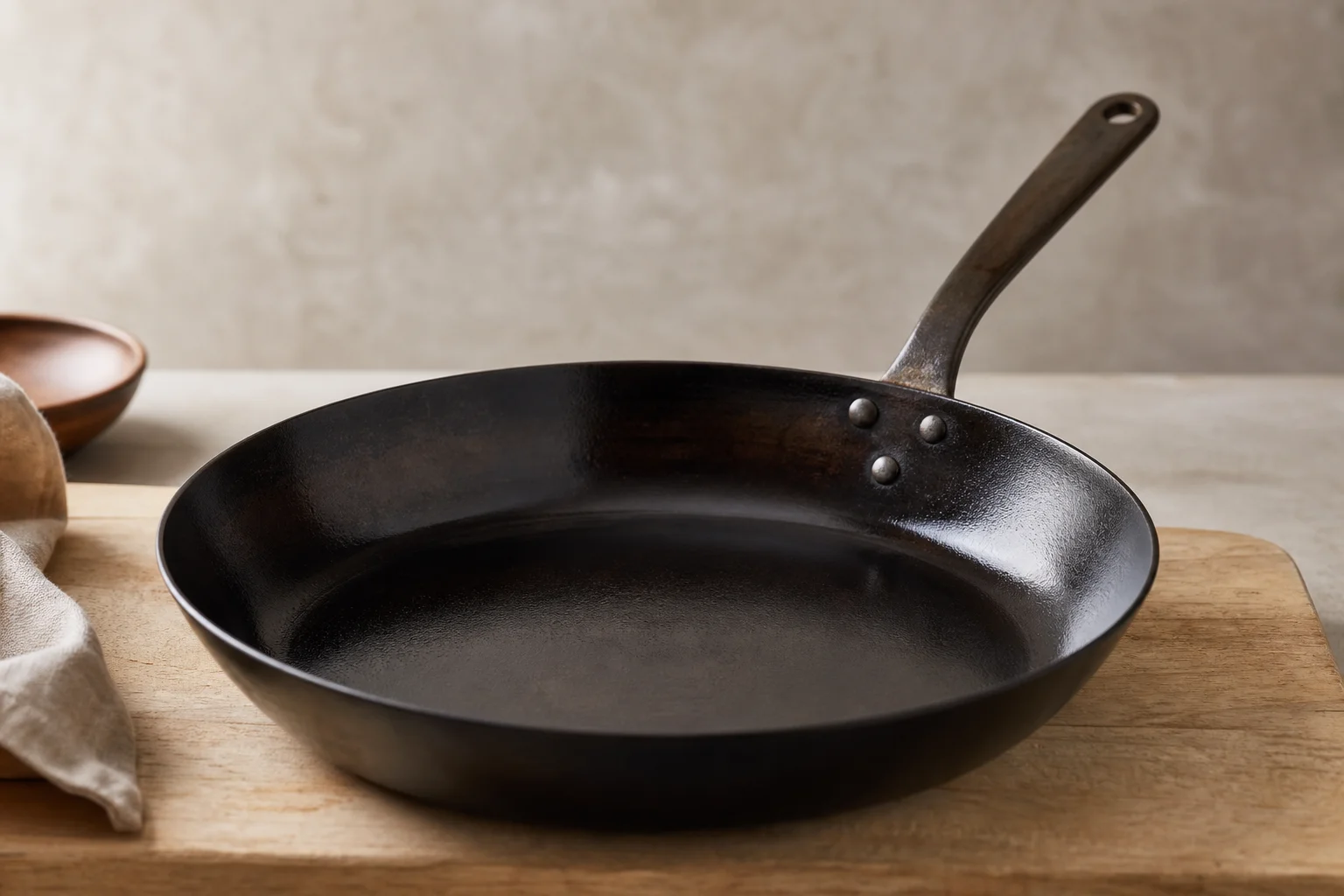 Well-seasoned carbon steel pan with glossy dark patina on kitchen counter