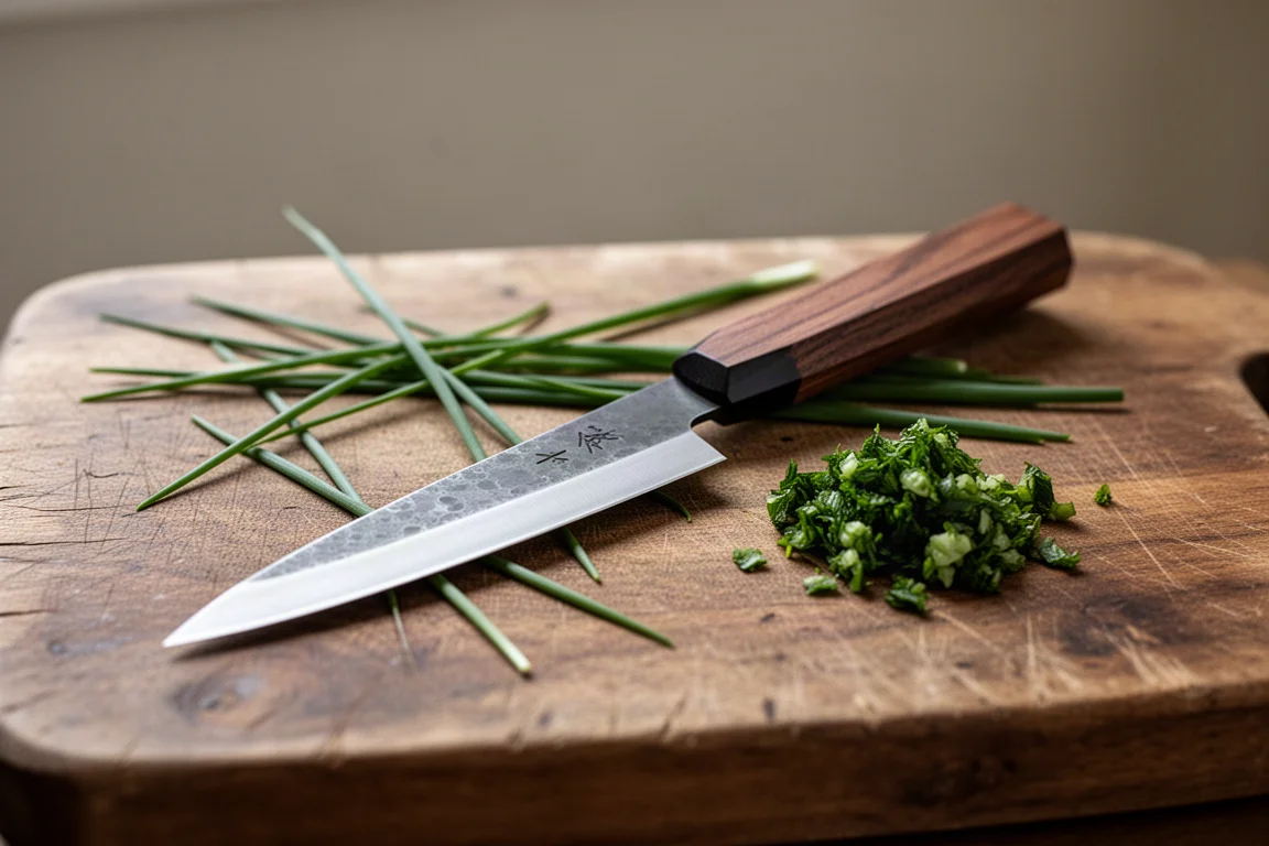 Japanese petty knife resting on a wooden cutting board with fresh herbs nearby