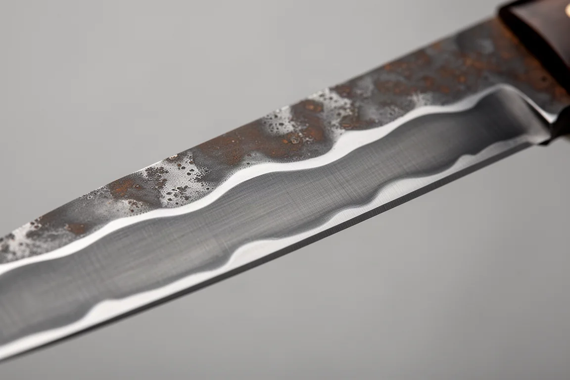 Close-up of a wavy cladding line on a knife blade near the edge