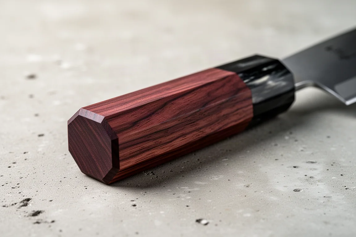 Hand grip view of an octagonal rosewood knife handle with buffalo horn ferrule
