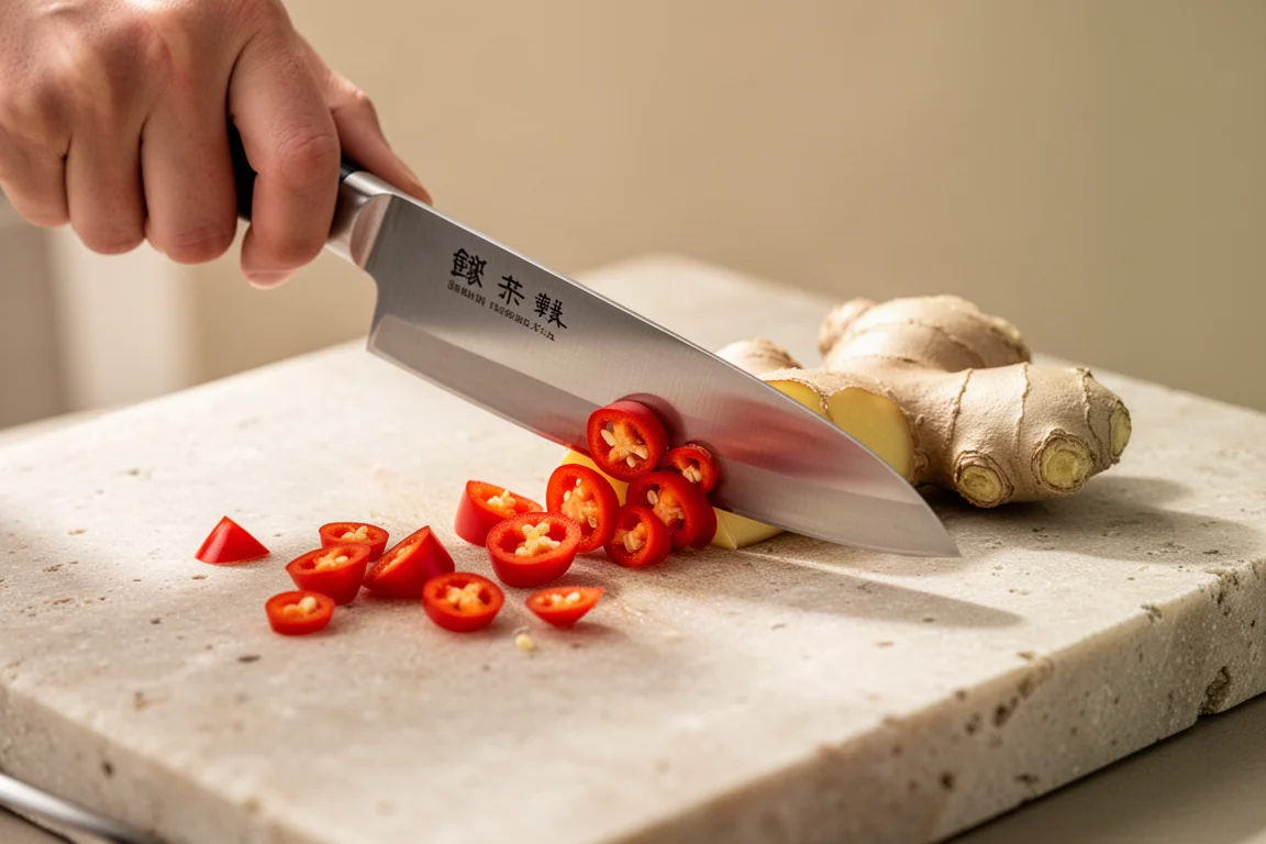 Petty knife slicing chilies and ginger on a kitchen board