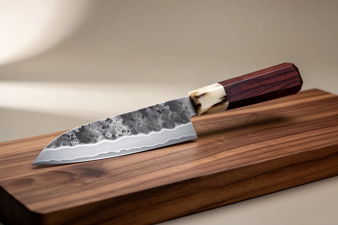 Matsubara Sushime Aogami #2 150mm petty knife with octagonal rosewood handle on a wooden board