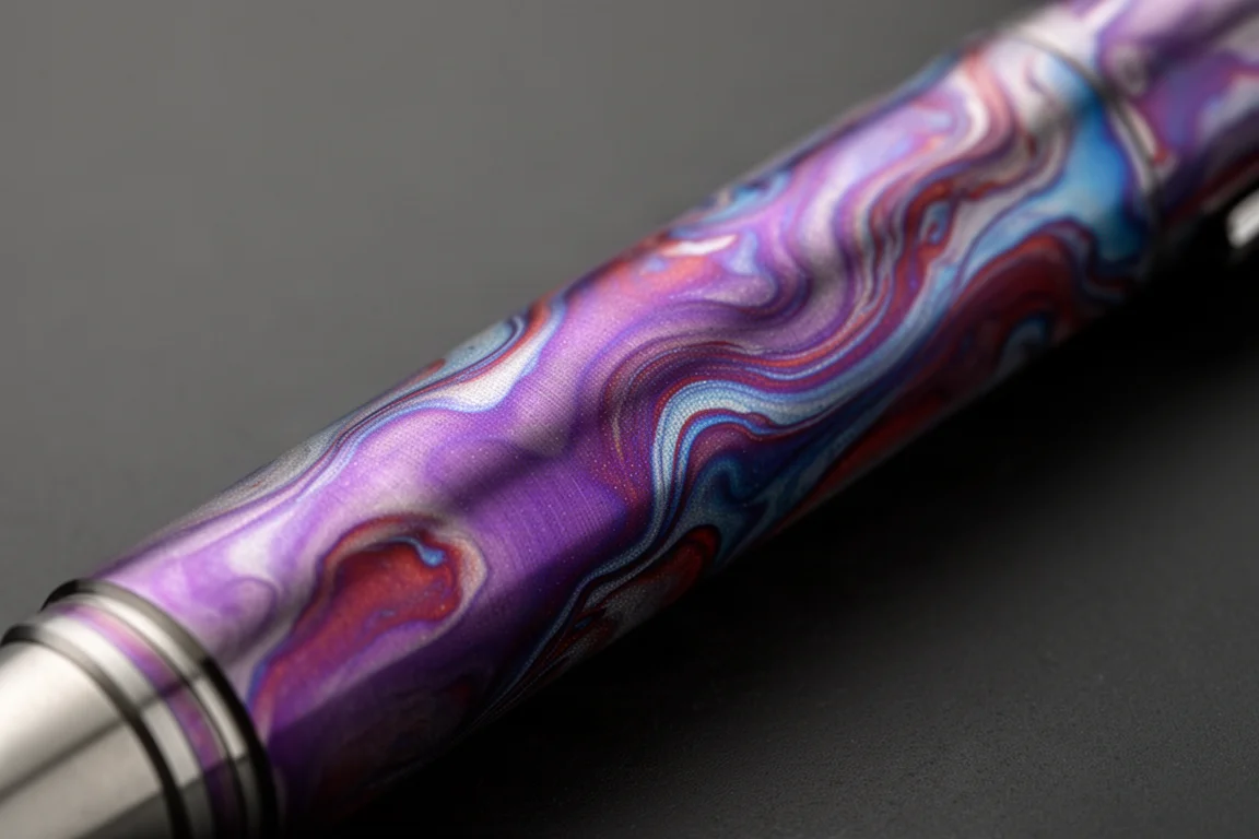 Primo piano della canna di una penna in titanio fiammato con sfumature swirled viola e blu