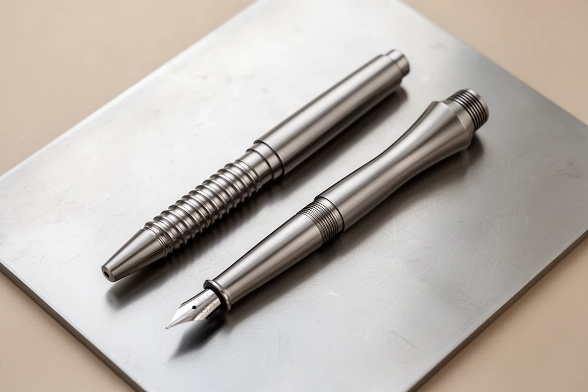 Due penne stilografiche in titanio affiancate con sezioni dal design diverso