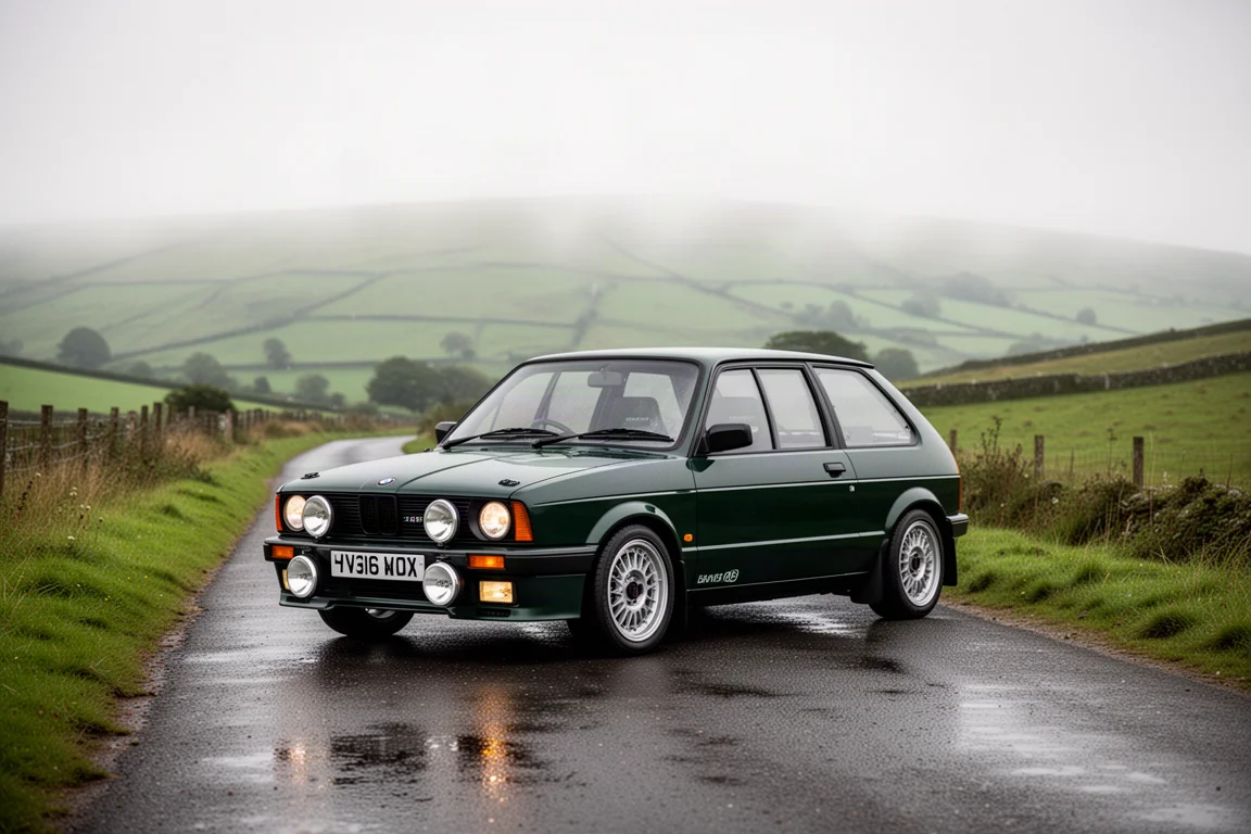 Ciemnozielony rajdowy restomod w stylu Lancia Delta zaparkowany na cichej wiejskiej drodze