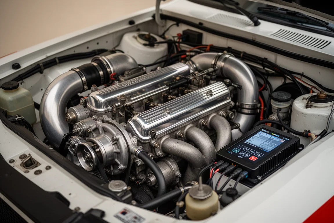 Komora silnika rajdowego czterocylindrowca z turbodoładowaniem i nowoczesnym programowalnym ECU
